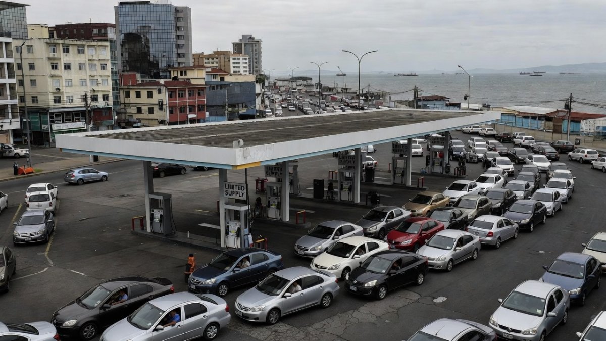 Fuel station with long lines of cars amid the Crimea fuel crisis