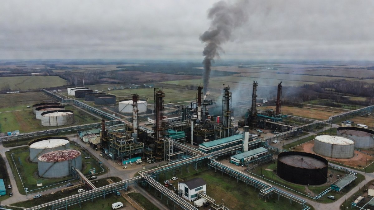 Aerial view of a Russian oil refinery impacted by Ukrainian drone strikes