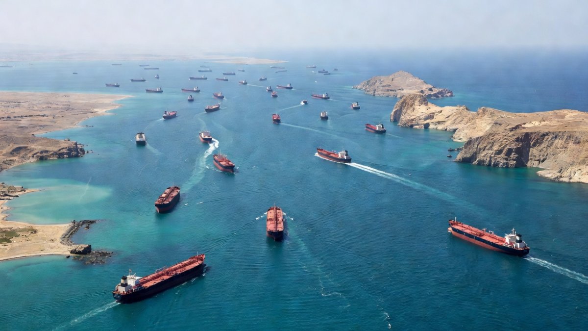 Strait of Hormuz shipping with oil tankers at sea