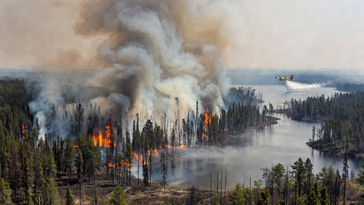 Aerial view of boreal forest wildfire near Thunder Bay, Ontario