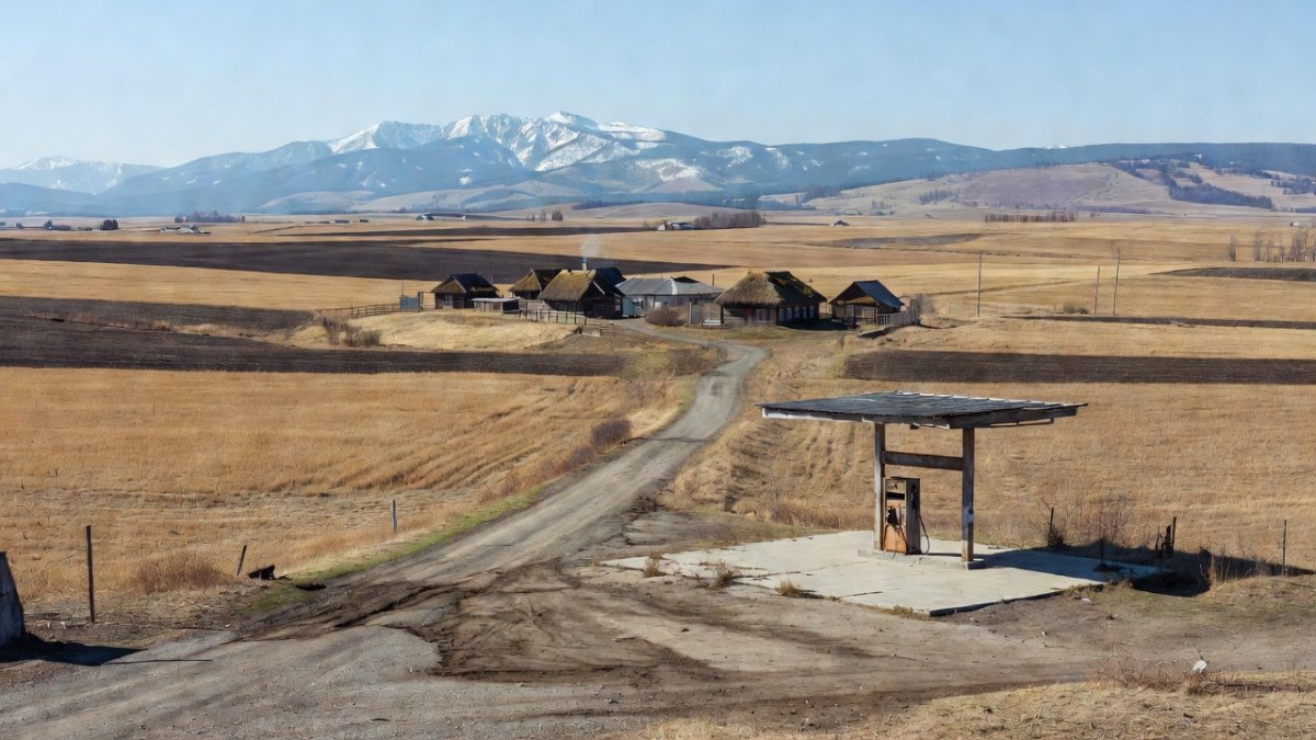 Rural Bashkortostan landscape with farmland and distant Ural mountains