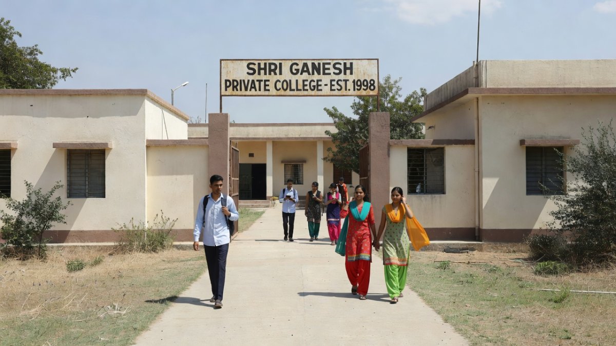 Students outside a typical private college building in central India