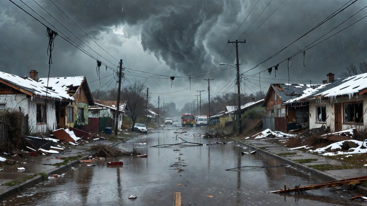 Residential street in Chile with downed power lines and flooded roads after severe storm