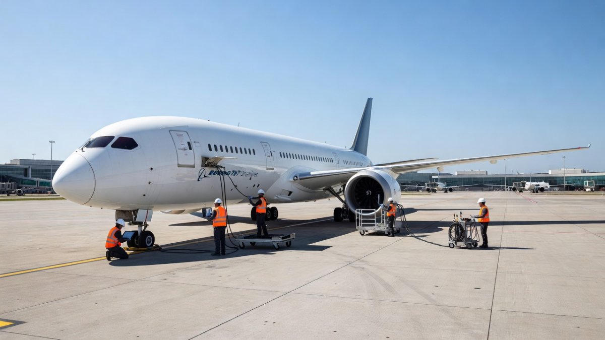 Boeing 787 Dreamliner engine and thrust control system undergoing inspection