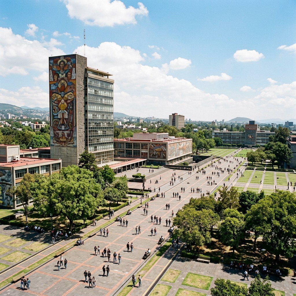 Students gathering outside the UNAM Rectoría building in Mexico City during the admission exam controversy