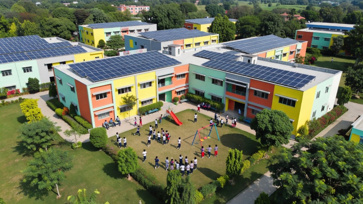 Modern Indian school campus aerial view