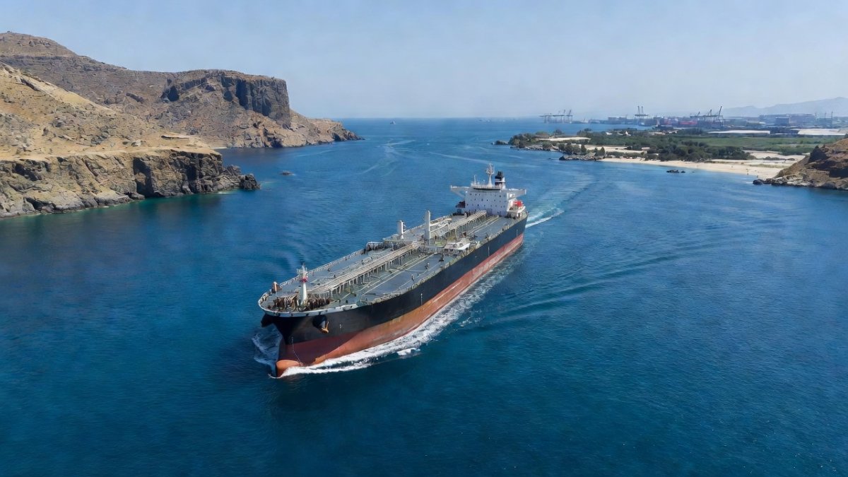 Large oil tanker navigating through the Strait of Hormuz, the critical maritime chokepoint for approximately 20 percent of global oil shipments