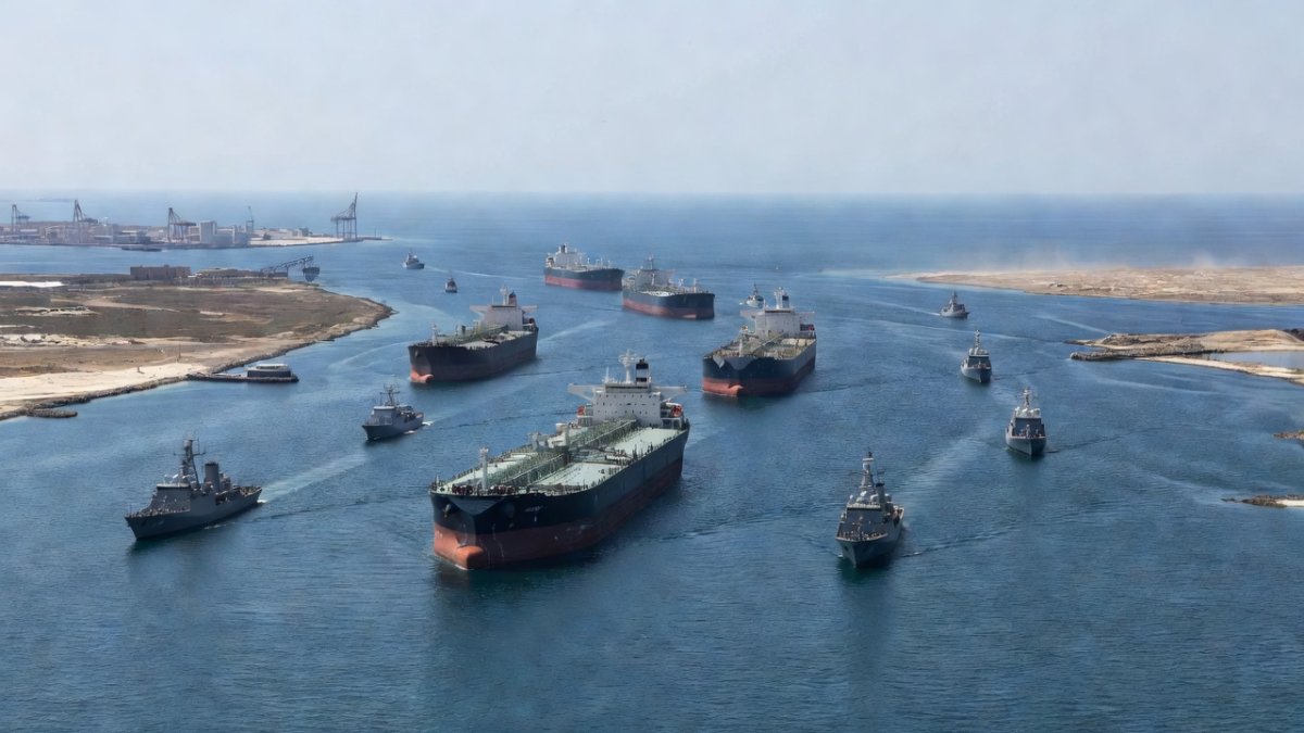 Strait of Hormuz shipping lane with oil tankers and naval vessels