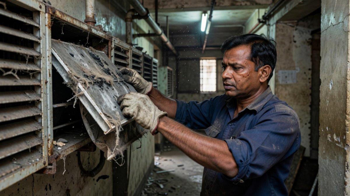 HVAC maintenance technician inspecting air filters and ventilation ducts in a corporate office building in Delhi