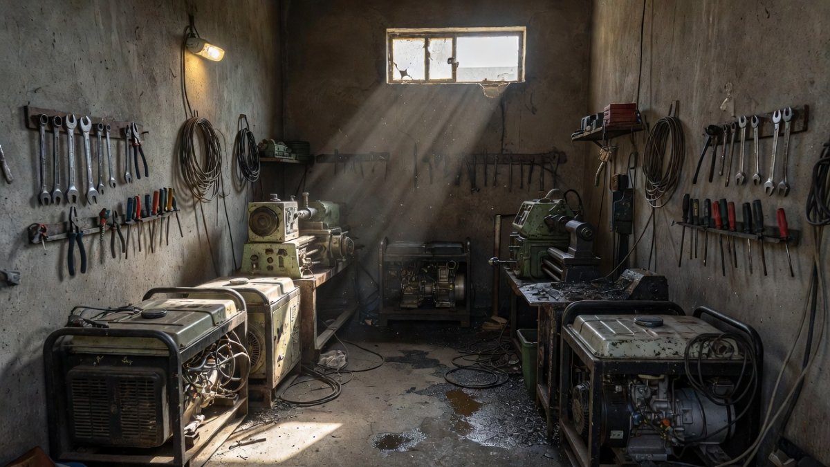 Technician inspecting a damaged generator in Gaza City