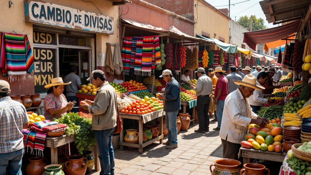 Mexican street market with currency exchange storefront in a traditional town