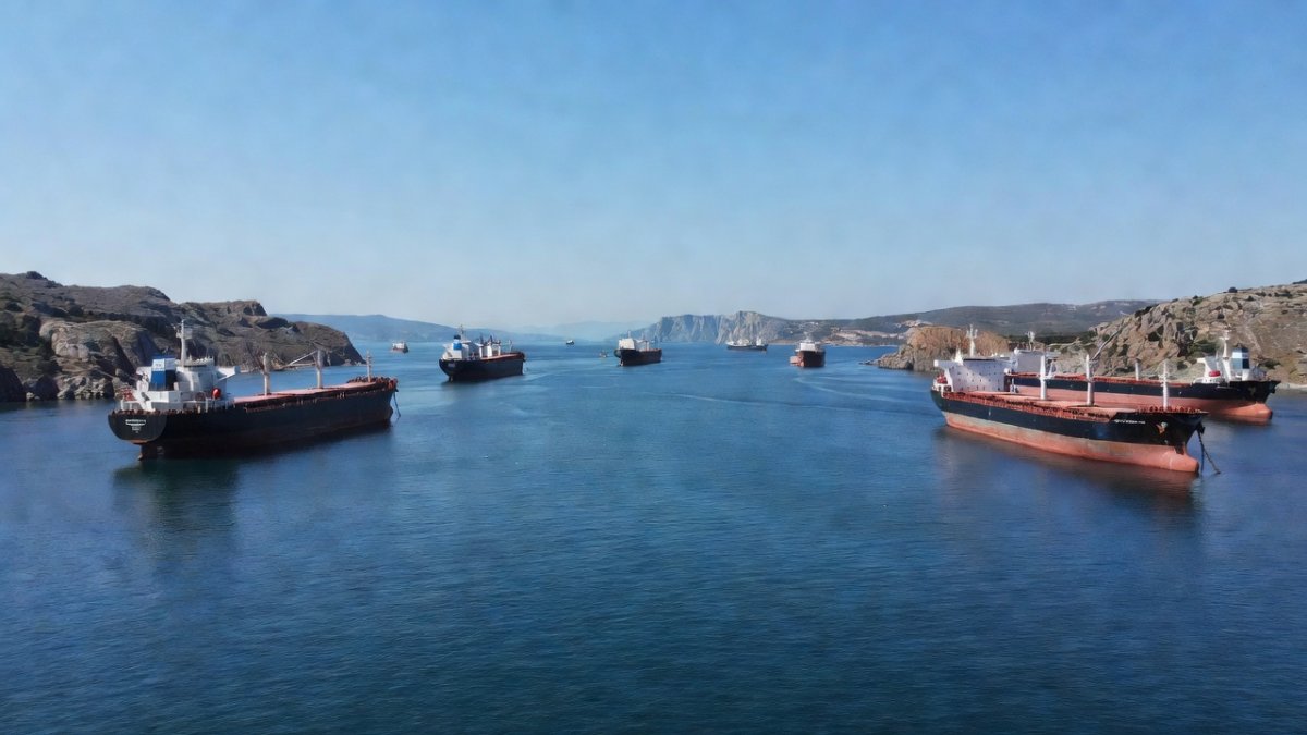 Strait of Hormuz with oil tankers against geopolitical map backdrop