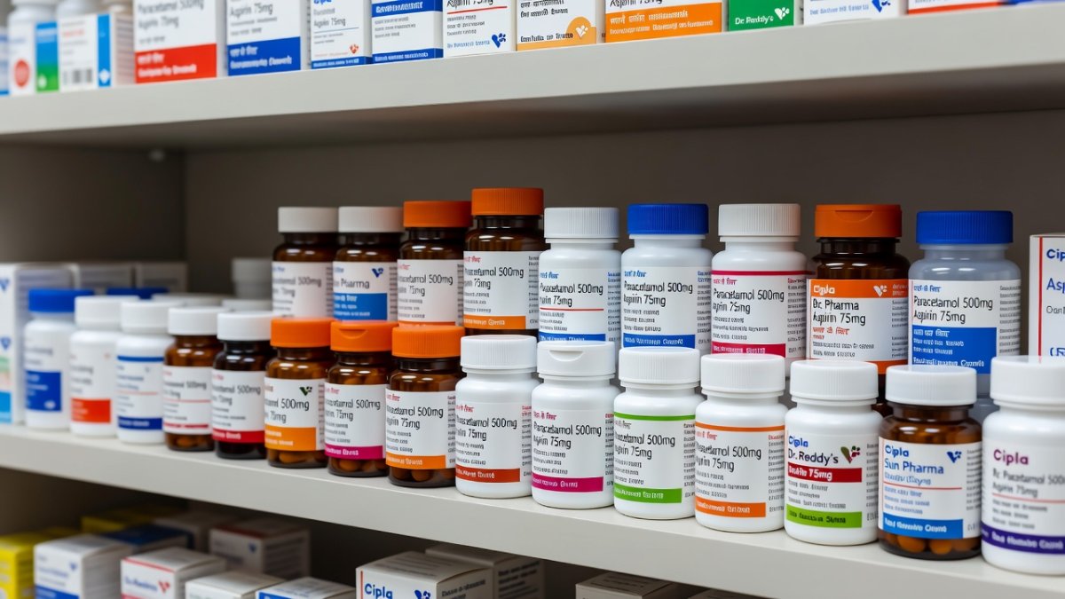 Generic medications and prescription pill bottles in a pharmacy setting