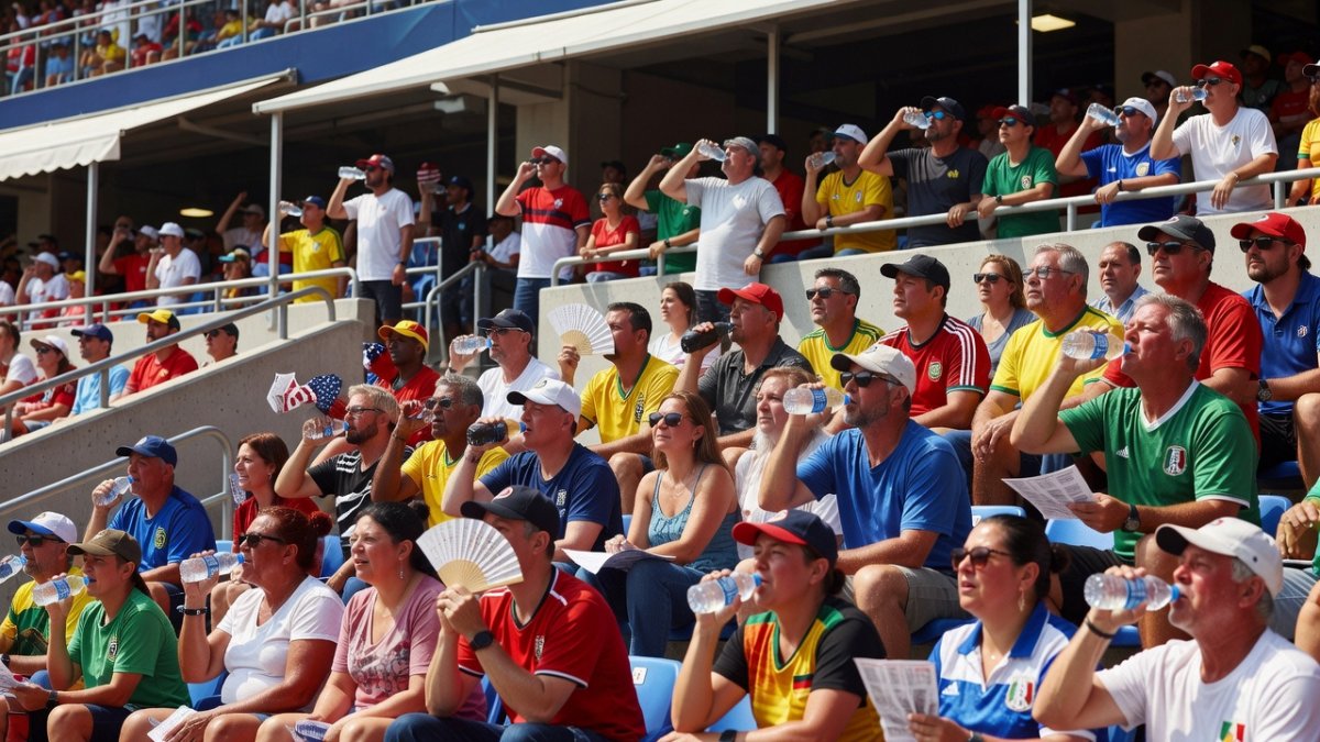 Fans queuing outside a New Jersey World Cup stadium under extreme heat conditions