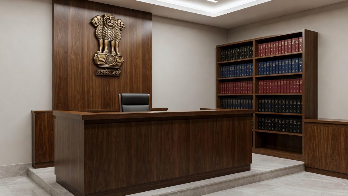 Indian courtroom with judicial bench and emblem
