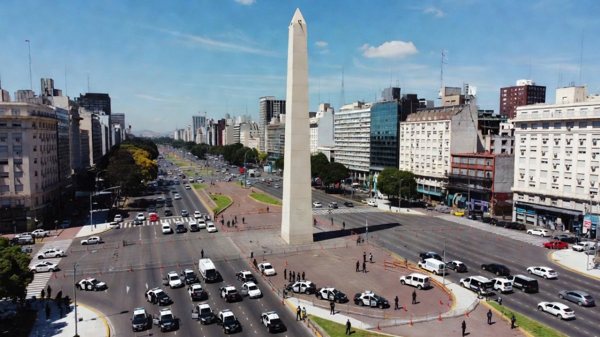 Aerial view of the Obelisk in Buenos Aires with police presence after Argentina World Cup final defeat