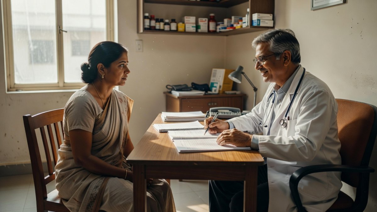 Indian woman consulting with a doctor about bone health in a Delhi clinic