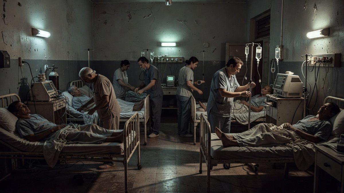 Pediatric hospital in Cuba with doctors working by emergency light