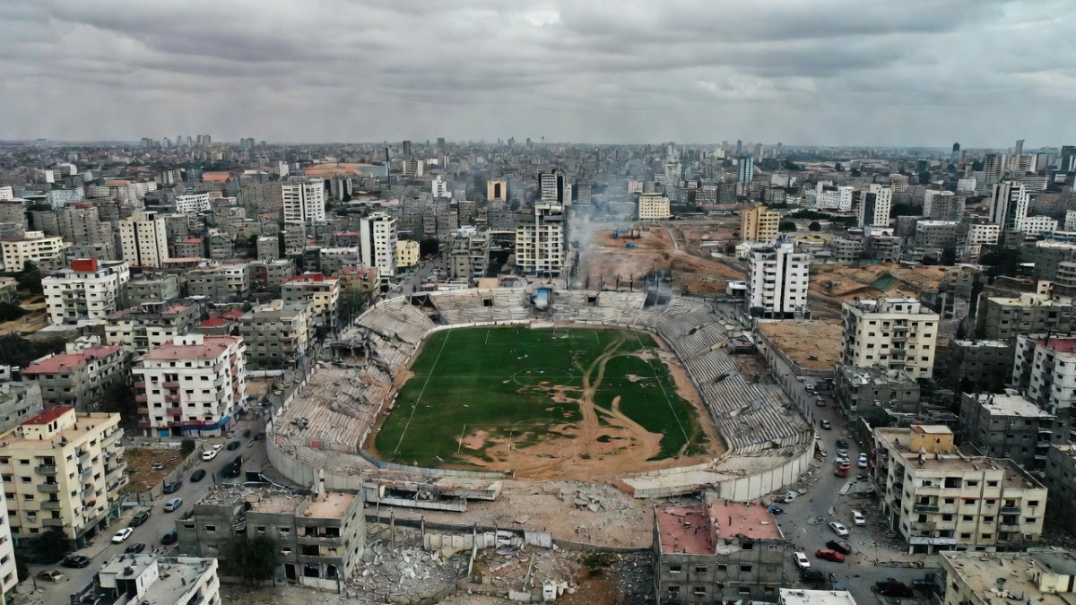 Aerial view of Gaza City with damaged football stadium