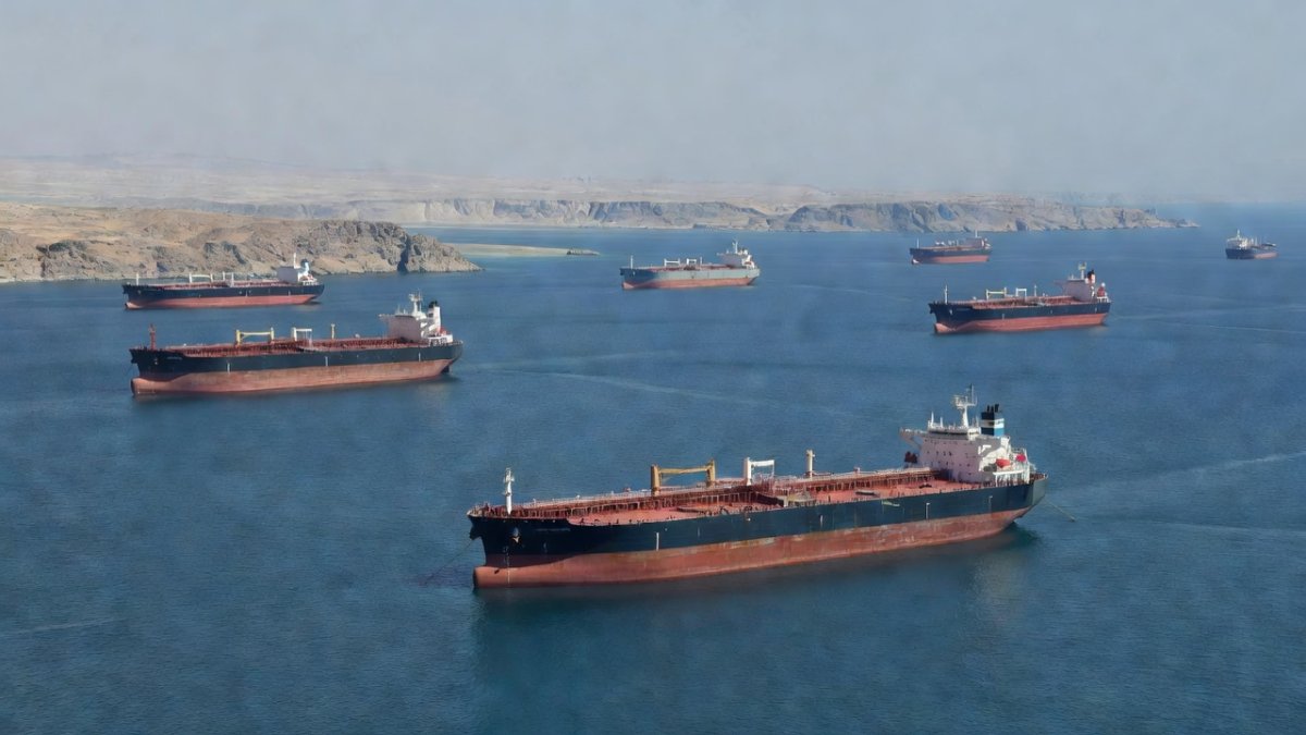 Oil tankers at anchor in the Strait of Hormuz amid Iran-US tensions over maritime access