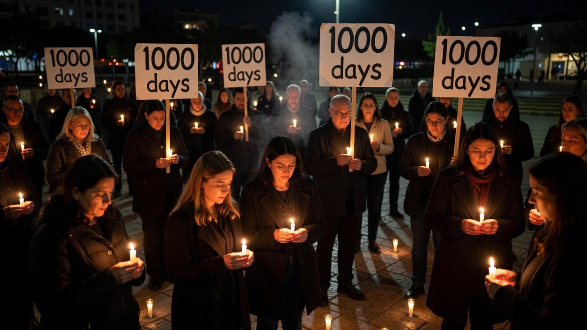 Released hostage Rom Braslavski and hostage families speak at a memorial ceremony in Tel Aviv