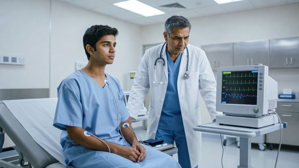 Young Indian patient undergoing cardiac screening at a hospital