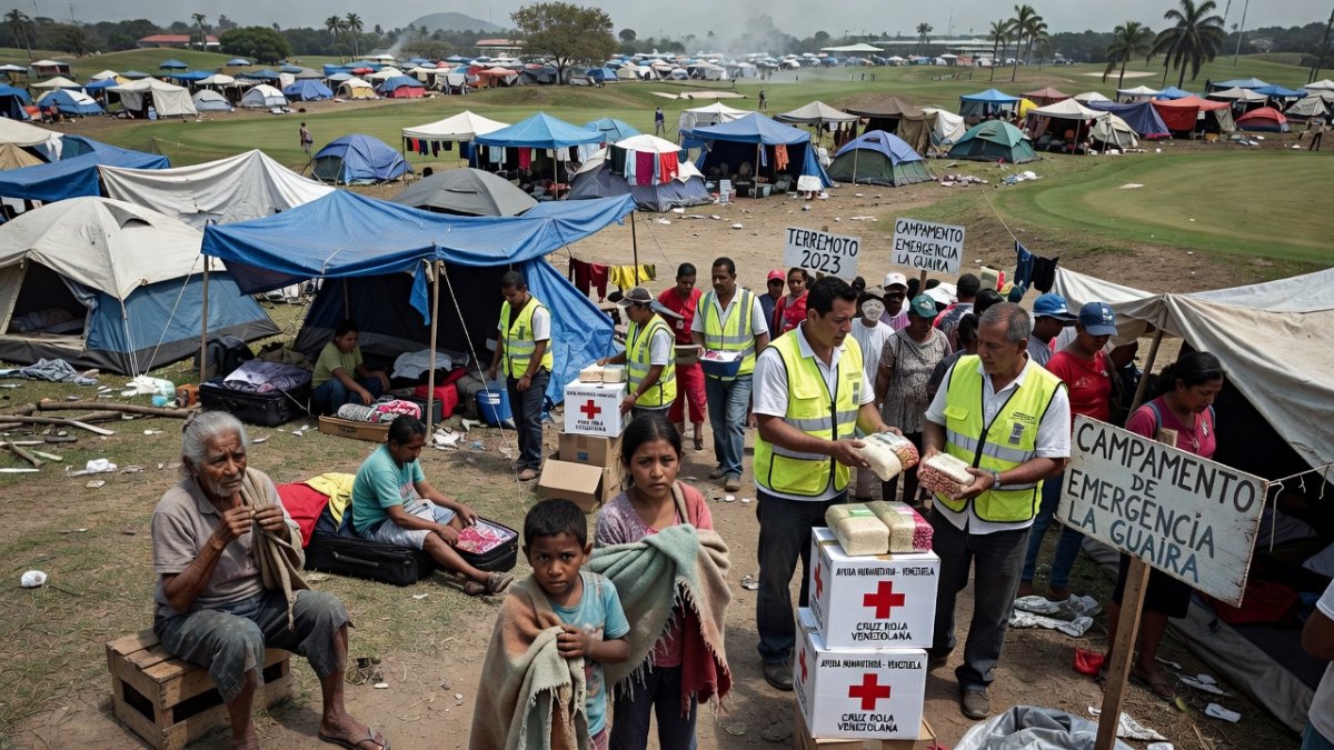 Displaced families at a converted golf course relief camp in La Guaira, Venezuela