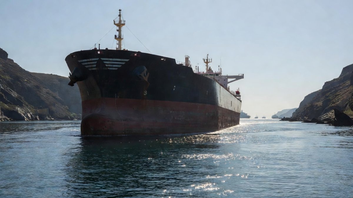Cargo vessel navigating the Strait of Hormuz maritime corridor