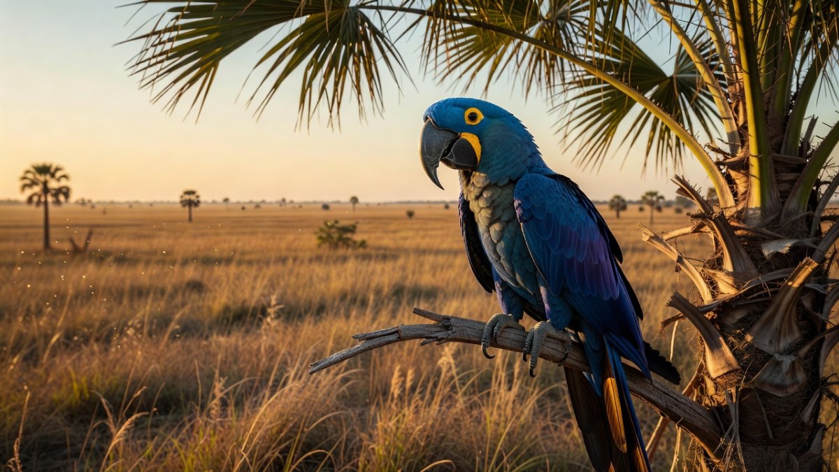 Hyacinth macaw in the Pantanal, a species relisted as threatened due to advancing fires