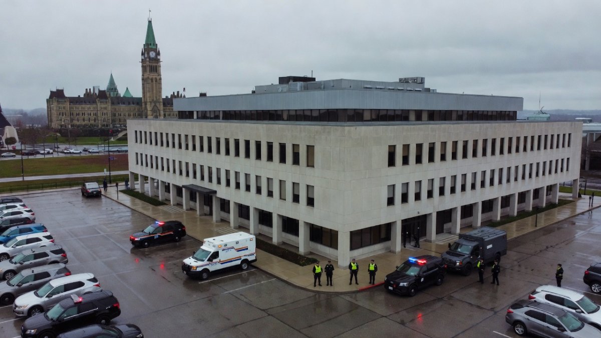 Security vehicles outside a Canadian government building in Ottawa