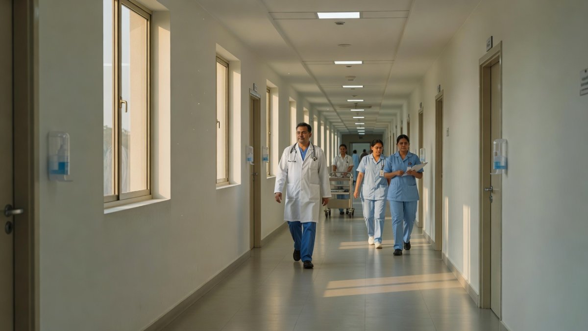 Hospital corridor in India with doctors and medical staff