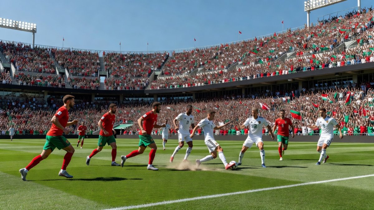 Morocco and France players contesting at the 2026 World Cup quarter-final at Boston Stadium