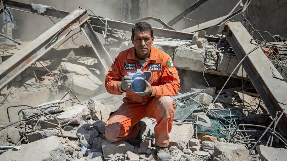 Topos Azteca rescue team member using thermal camera to search for signs of life in collapsed Venezuelan buildings after the earthquake