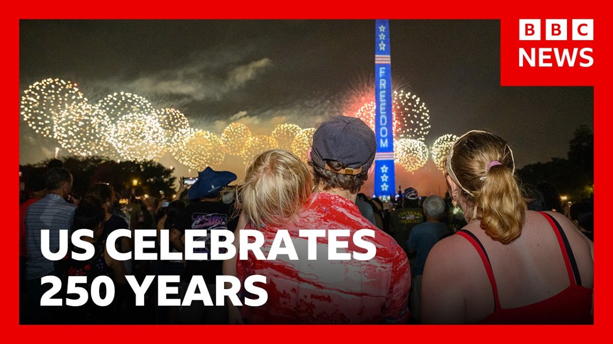 BBC News report thumbnail showing President Donald Trump speaking at the National Mall during the 250th Independence Day celebration