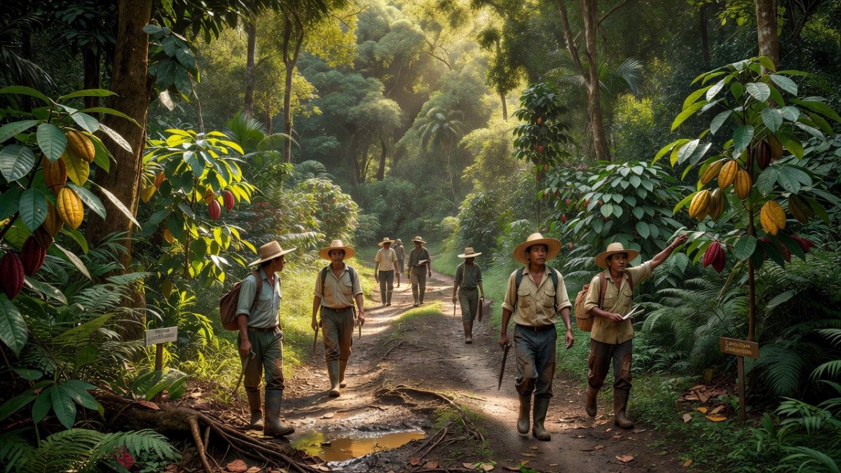 Campesino farmers practicing sustainable agroforestry with cacao trees in Colombia’s Amazon region
