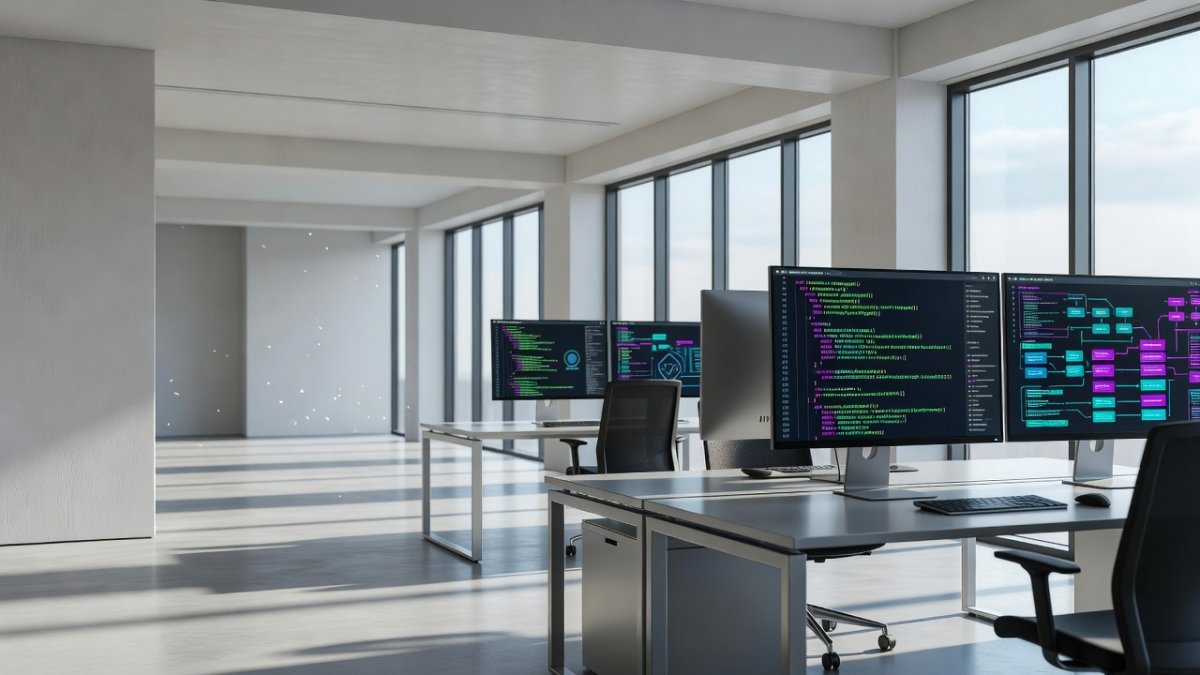 Modern tech office workspace for AI development