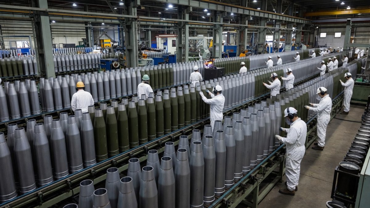 Rheinmetall ammunition production line at a European factory, 155mm artillery shell casings on industrial production lines