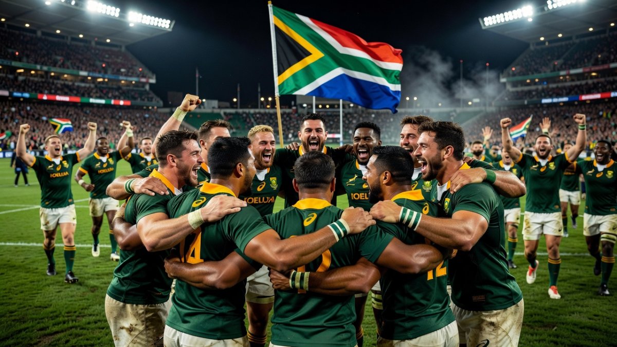 Springbok players celebrating their 45-21 victory over England at Ellis Park