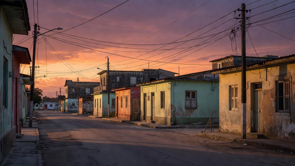 Residential neighborhood in Cuba with power lines and darkened homes