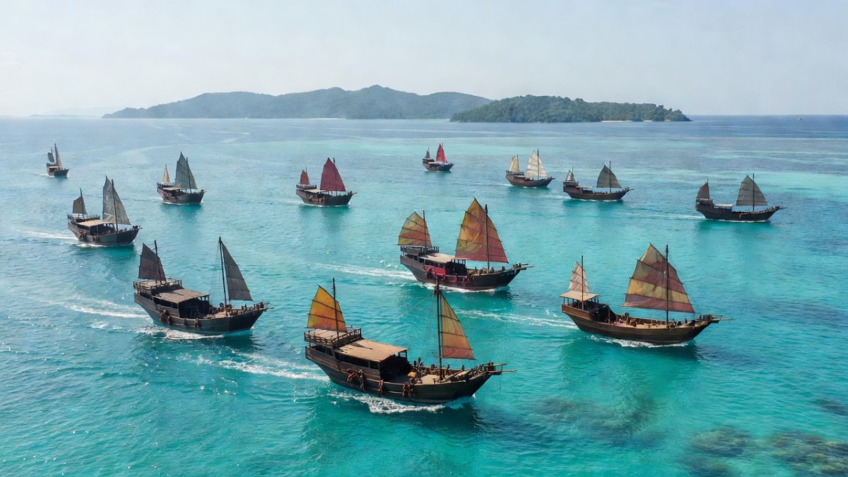 Traditional Chinese fishing junks sailing in the South China Sea