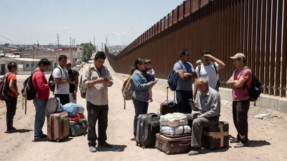 Migrants checking their phones near the border fence in Ciudad Juárez