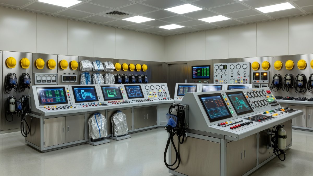 Nuclear enrichment facility control room, illustrating uranium enrichment technology