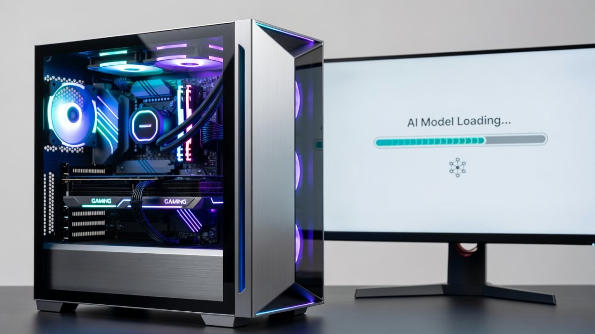 Modern gaming PC with RGB lighting running local AI models