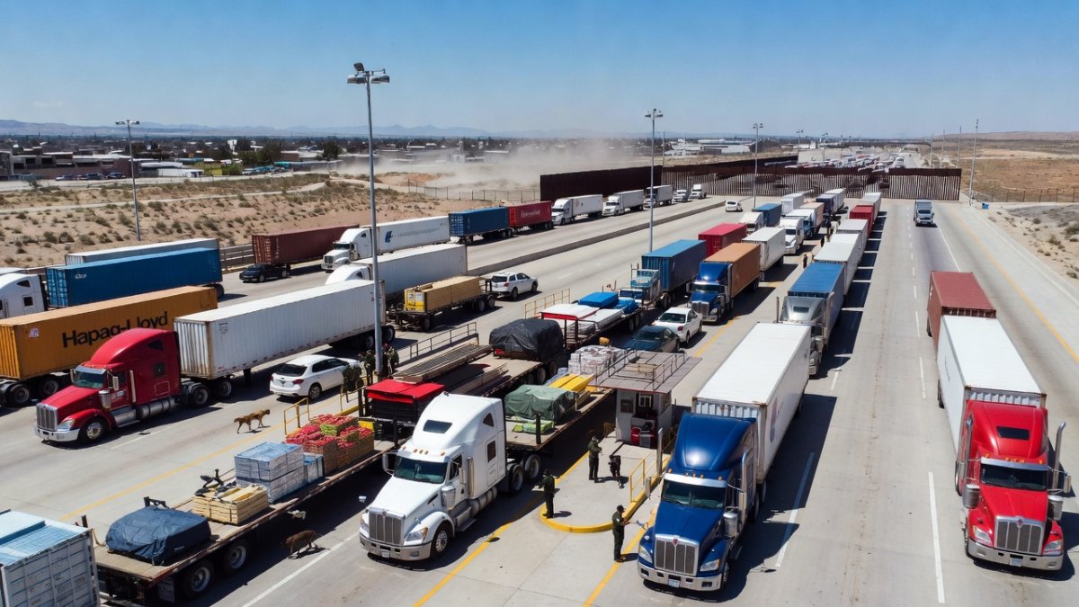 Trucks at a Mexico-US border crossing carrying export goods