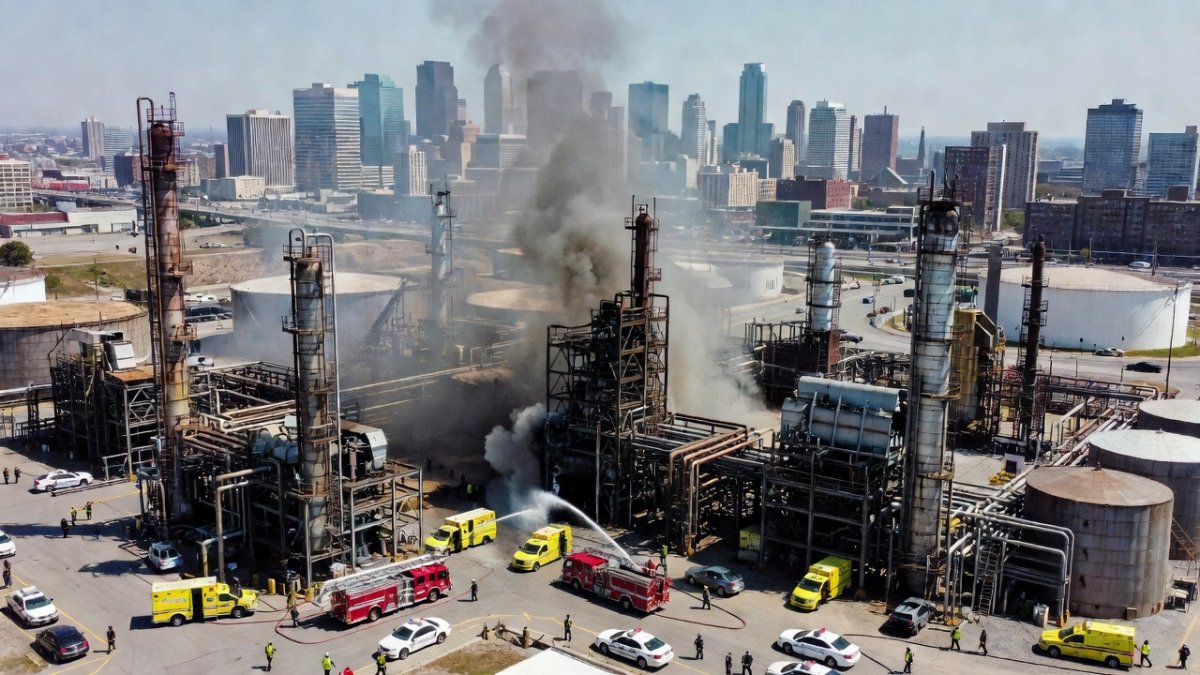 Aerial view of the Moscow refinery complex with emergency vehicles and containment efforts visible