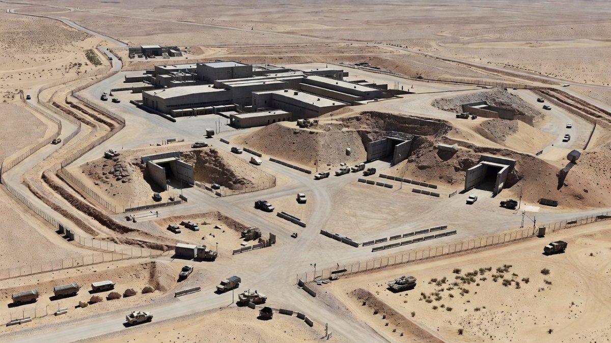 Aerial view of Iranian nuclear facility with fortified underground tunnels in a desert landscape