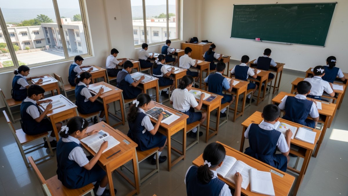 Classroom scene in a CBSE school with students examining the new NCERT textbook cover