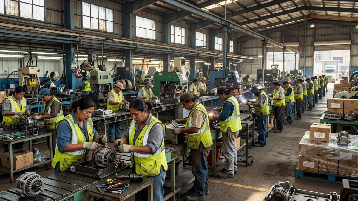 Mexican maquiladora factory workers on assembly line