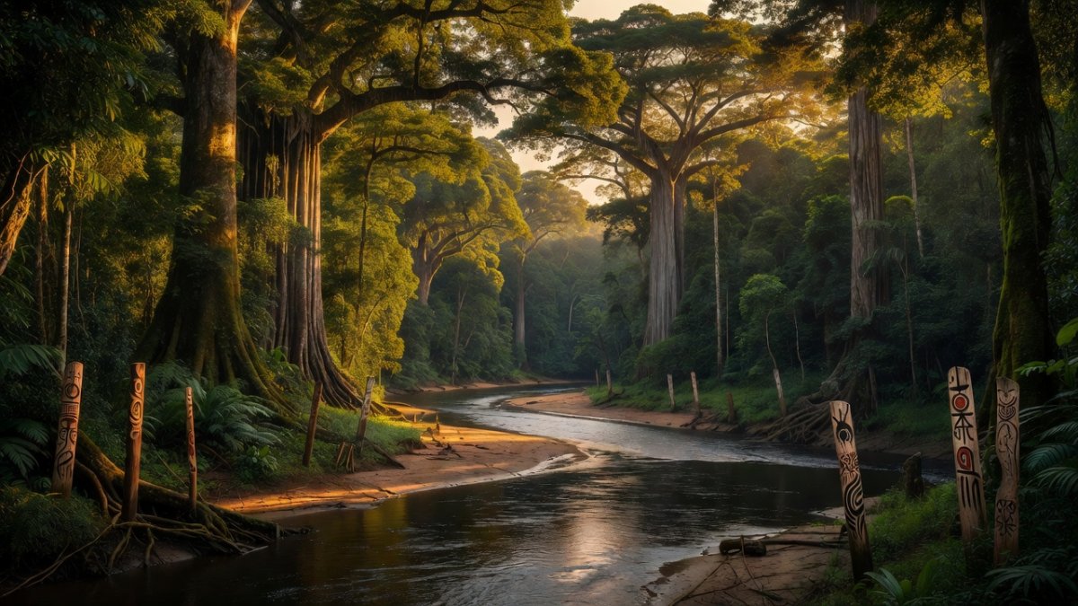 Amazon river winding through dense rainforest with indigenous territory