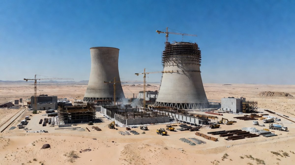 Nuclear power plant construction in desert landscape with cooling towers